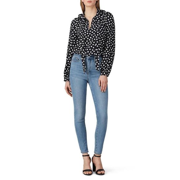 Kate Spade Cloud Dot Blouse Large White Tie Front Polka Dot V Neck Playful Chic - Picture 1 of 5